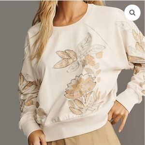 Anthropologie Women Pilcro Embroidered Floral Beaded Sweatshirt Beige - XS